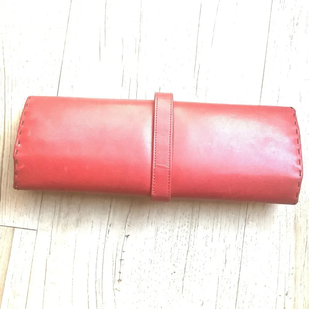 Vintage Jewelry Organizer Red Italian Leather Travel Pouch Blue Suede Lined
